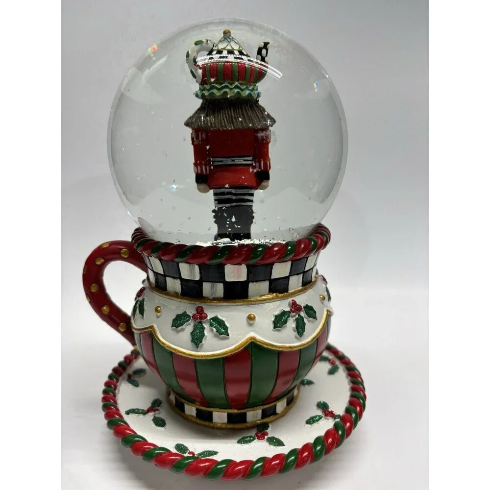 MacKenzie Childs Christmas Snow Globe Musical Tea Cup Nutcracker 8 1/2" Tall - Picture 3 of 8
